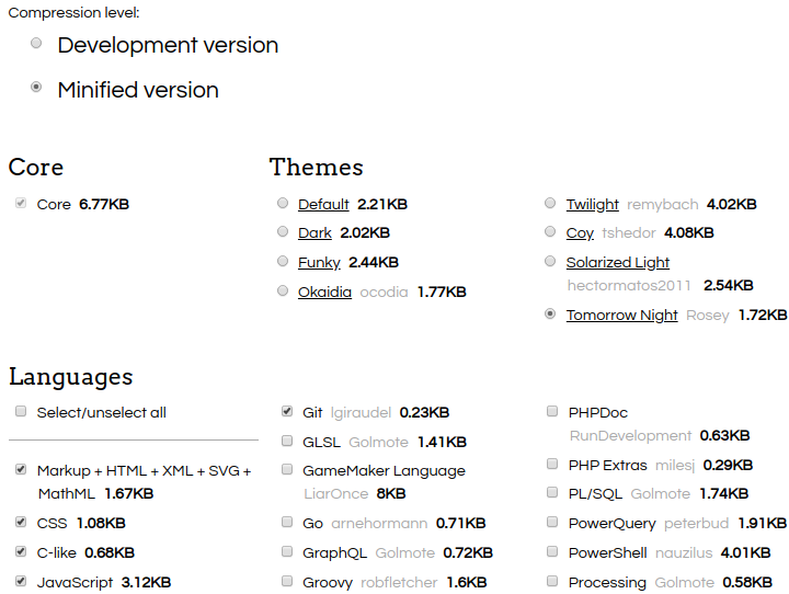 PrismJS download options